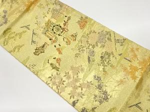 御所車に屋敷・草花模様織出し袋帯